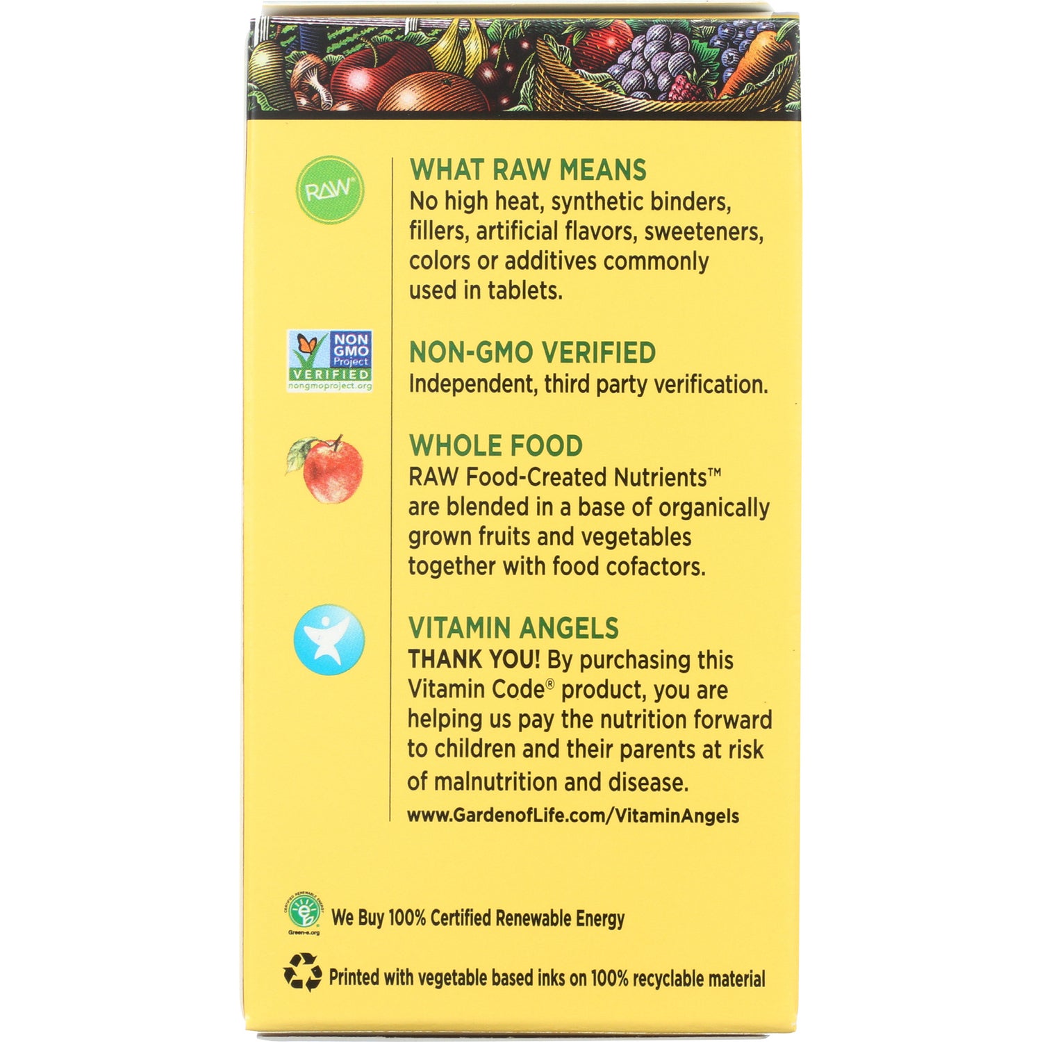GLF150 | Back panel of yellow supplement box showing WHAT RAW MEANS, NON-GMO VERIFIED, WHOLE FOOD and VITAMIN ANGELS text