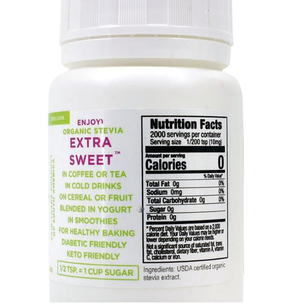 STV016 | Back label with Nutrition Facts and claims: Organic Stevia Extra Sweet, 0 calories; ingredients: organic stevia extract - Thumbnail