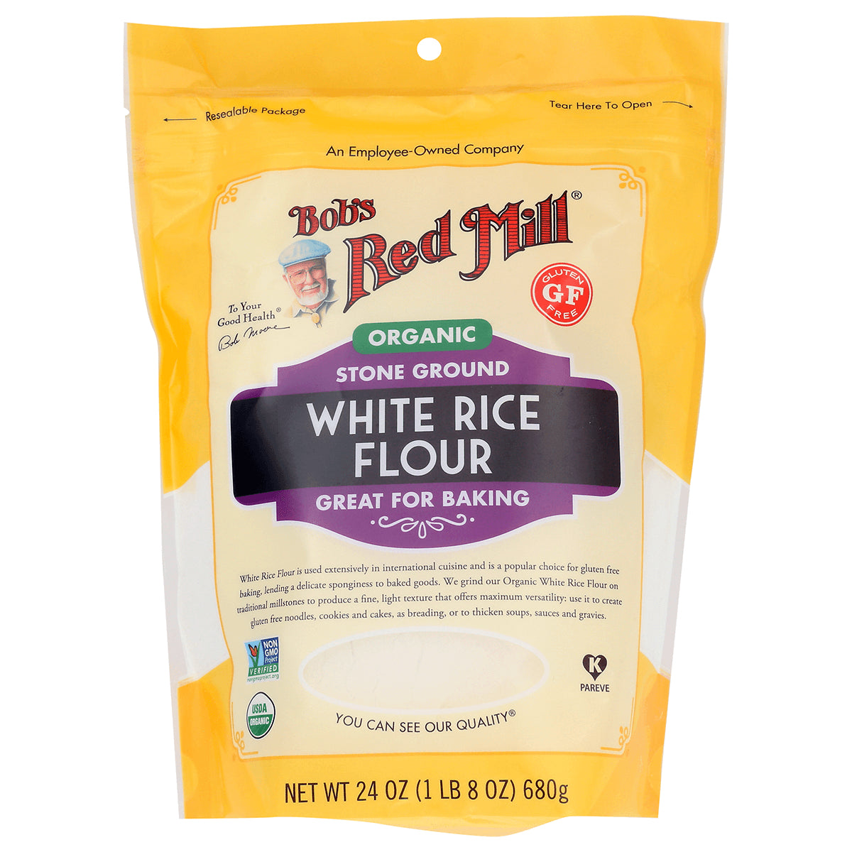 BOB294 | Bob's Red Mill organic stone ground white rice flour 24 oz front packaging