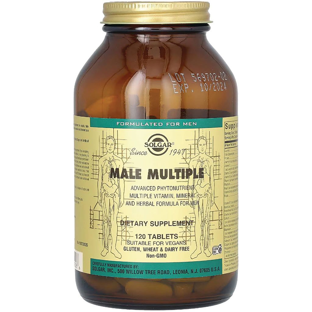 SLG292 | Amber glass bottle of Solgar Male Multiple dietary supplement label showing 120 tablets - Thumbnail