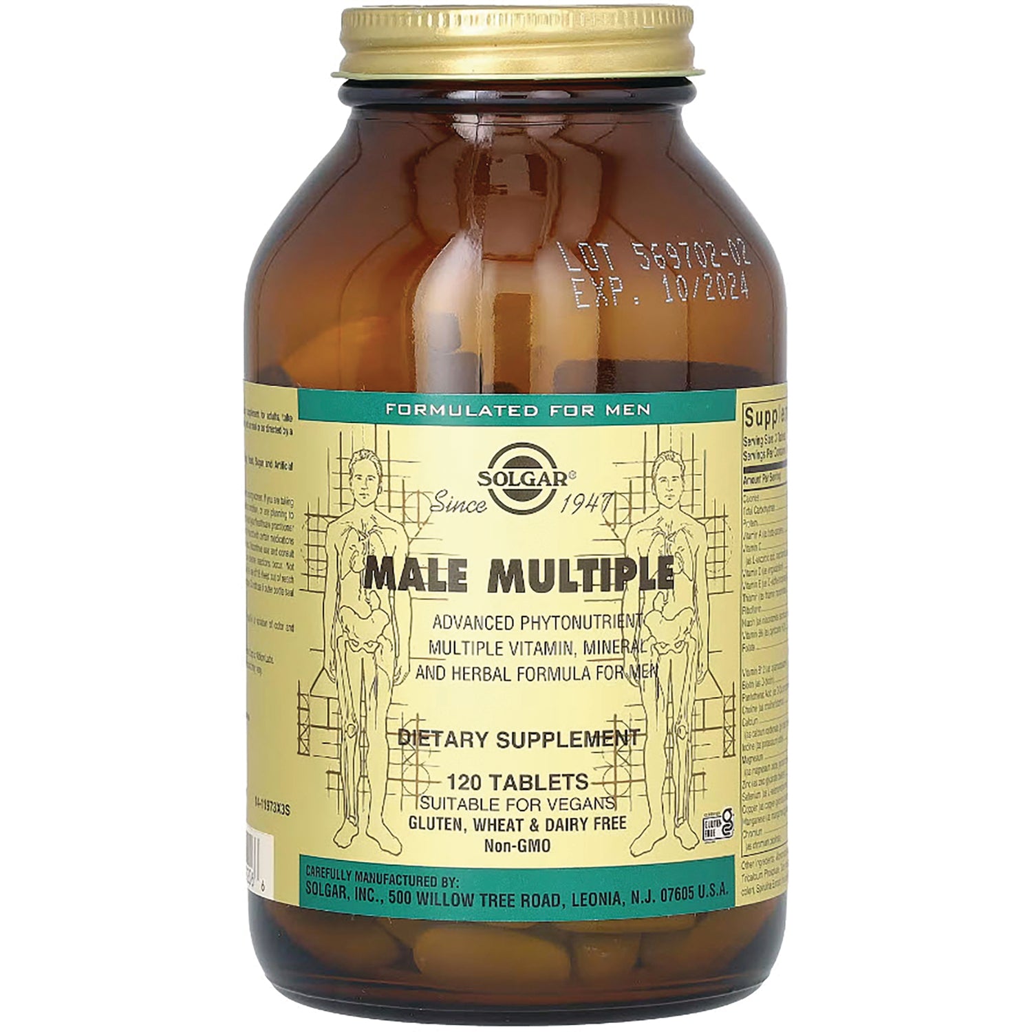 SLG292 | Amber glass bottle of Solgar Male Multiple dietary supplement label showing 120 tablets