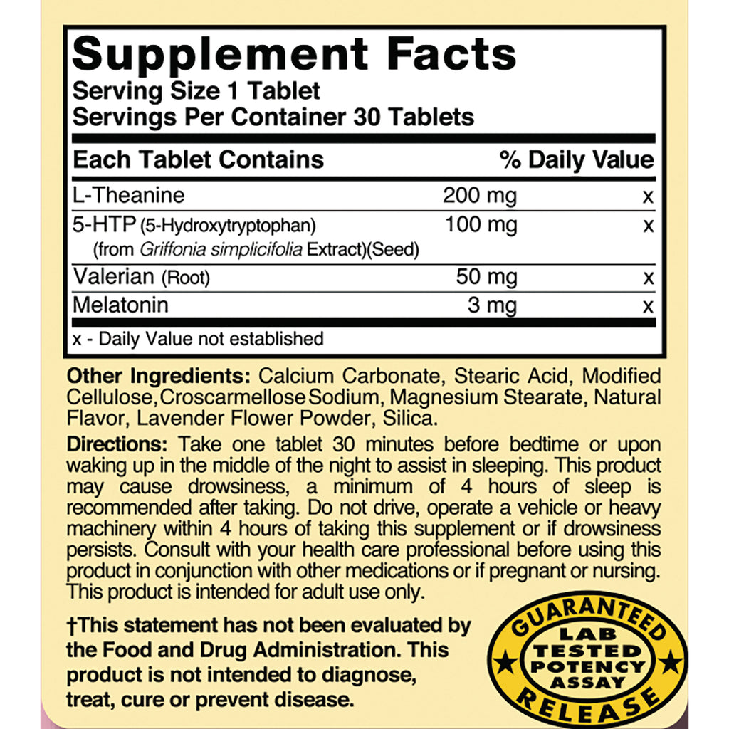 NAB137 | Supplement Facts panel and ingredients/directions for sleep tablets listing L-Theanine 200 mg, 5-HTP 100 mg, melatonin 3 mg - Thumbnail