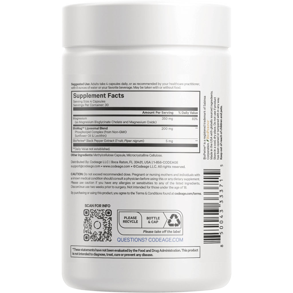 CDG011 | back label of white supplement jar showing Supplement Facts panel, barcode, QR code, and recycle icons - Thumbnail