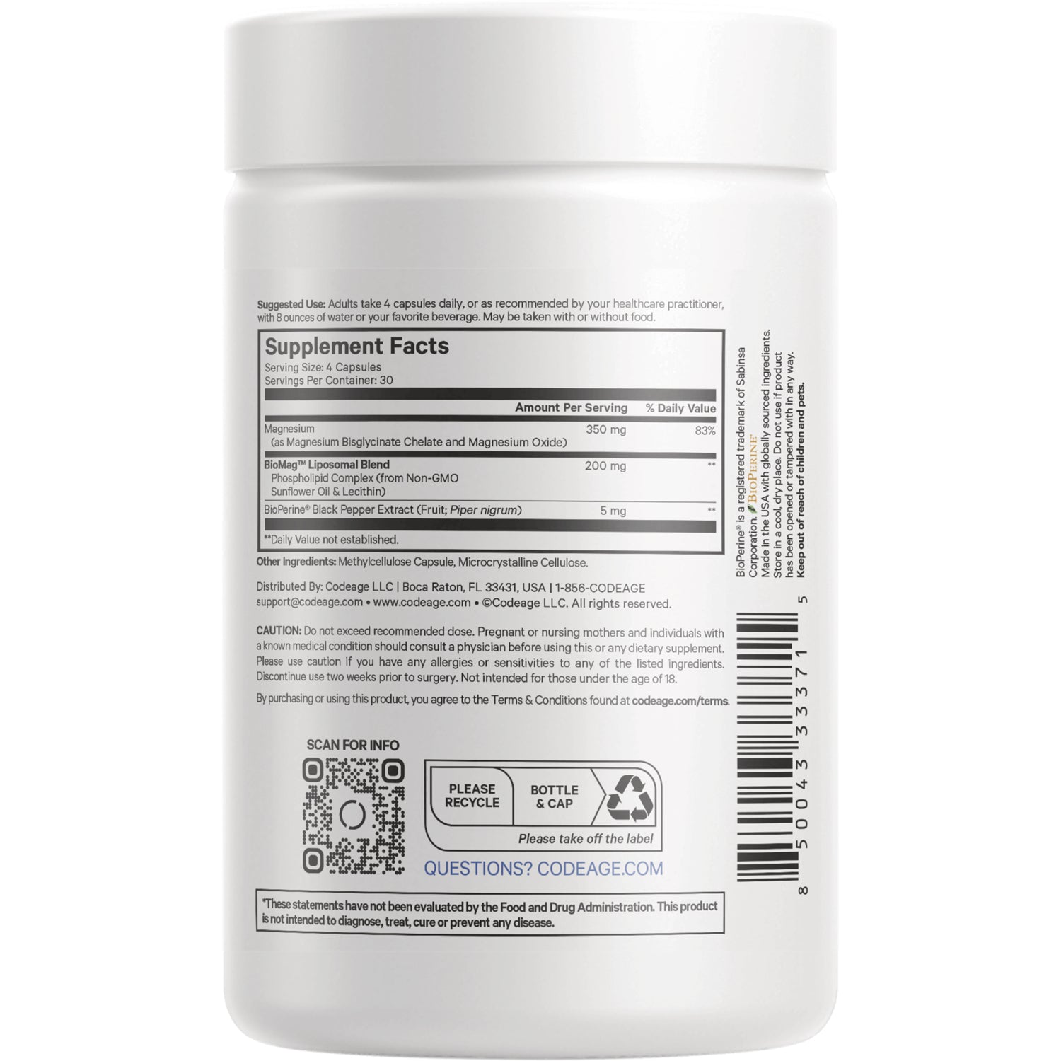CDG011 | back label of white supplement jar showing Supplement Facts panel, barcode, QR code, and recycle icons