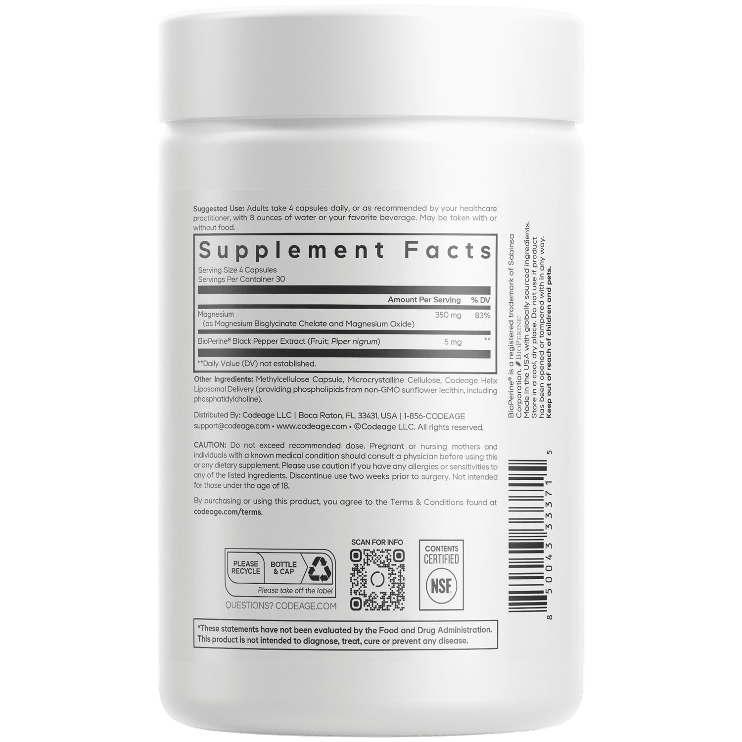 CDG011 | back label of white supplement jar showing Supplement Facts panel, barcode, QR code, and recycle icons