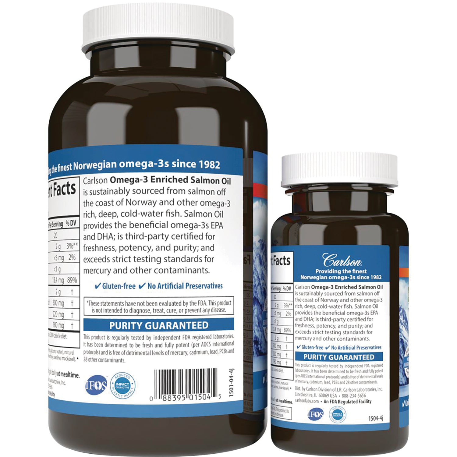 Two supplement bottles showing back labels with nutrition facts, ingredient text and PURITY GUARANTEED label