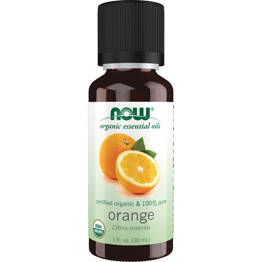 NWF624 | NOW organic essential oil orange 1 fl oz amber bottle with black cap and label showing oranges and USDA Organic seal - Thumbnail