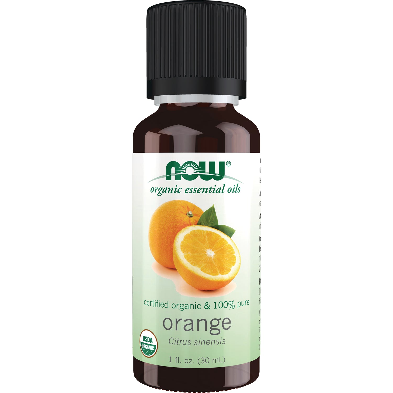 NWF624 | NOW organic essential oil orange 1 fl oz amber bottle with black cap and label showing oranges and USDA Organic seal