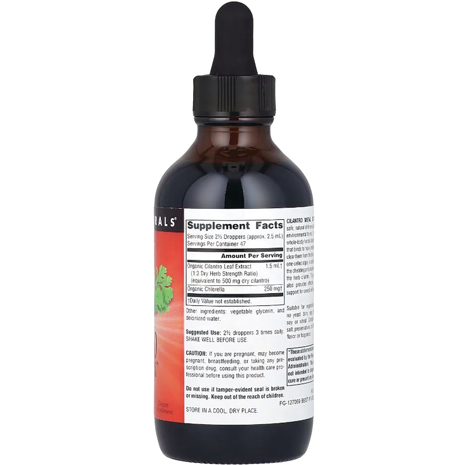 SN234 | Back label with Supplement Facts for liquid drops: Organic Cilantro Leaf Extract and Organic Chlorella