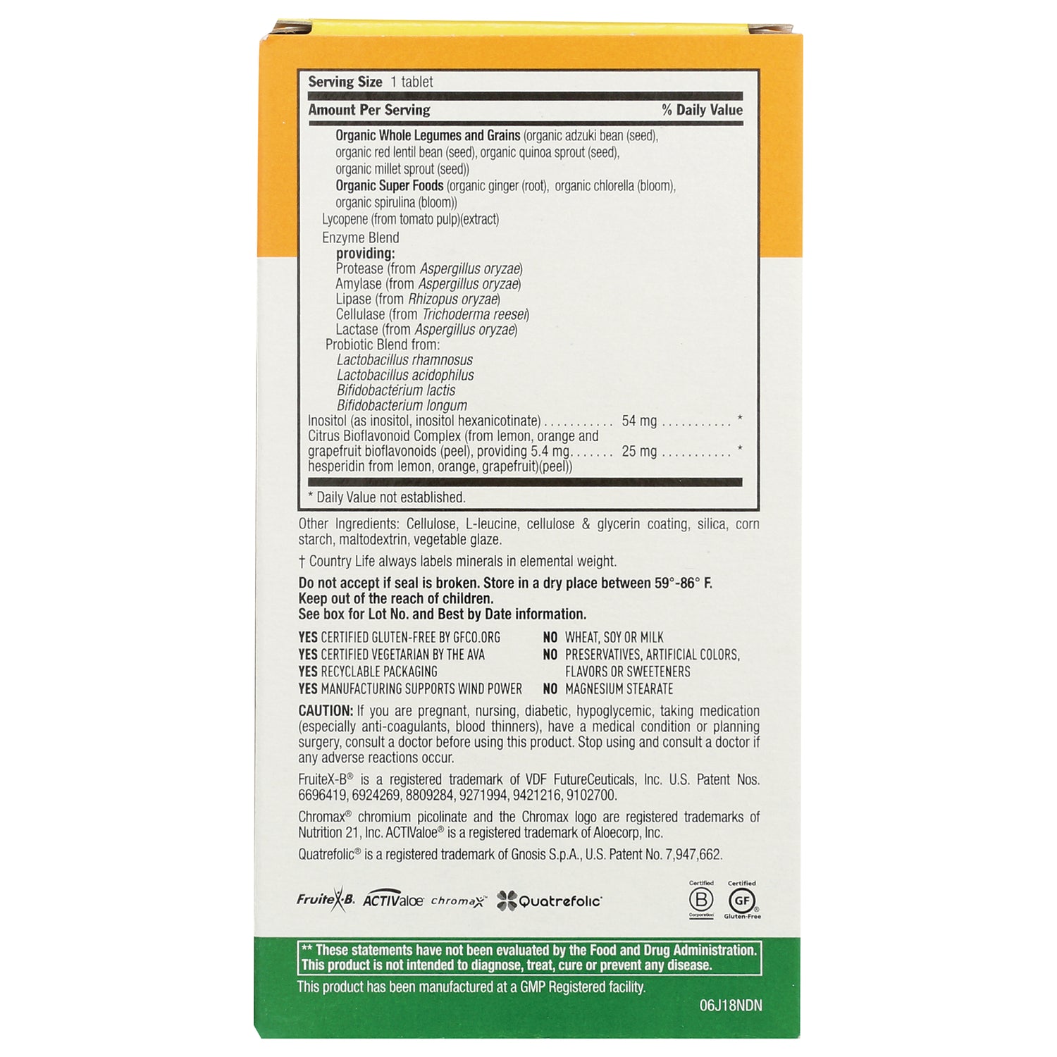 CRL527 | back of supplement box showing serving size, ingredient list, cautions and certifications panel