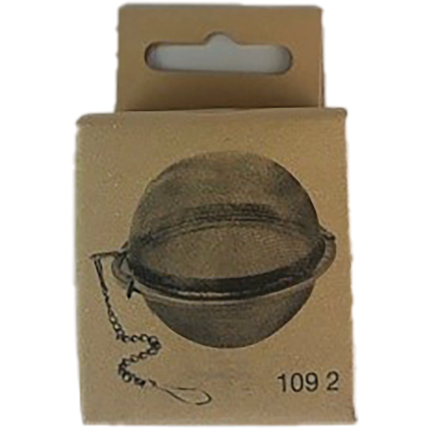 FNP044 | round stainless steel tea infuser ball with chain shown on beige retail hang card labeled 1092