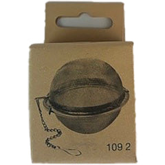 FNP044 | round stainless steel tea infuser ball with chain shown on beige retail hang card labeled 1092