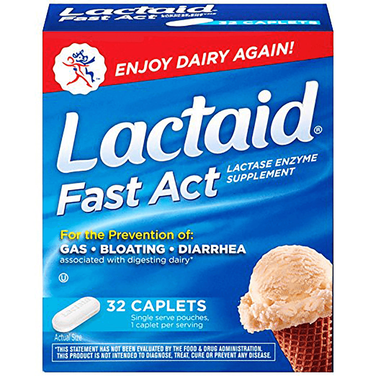 LAC002 | Lactaid Fast Act lactase enzyme supplement box showing 32 caplets, ice cream cone and slogan ENJOY DAIRY AGAIN!