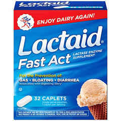 LAC002 | Lactaid Fast Act lactase enzyme supplement box showing 32 caplets, ice cream cone and slogan ENJOY DAIRY AGAIN!