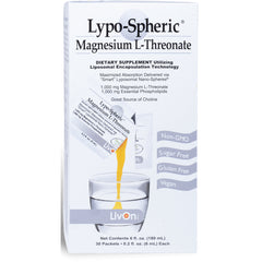 LVL006 | Lypo-Spheric Magnesium L-Threonate supplement box front with packet pouring liquid into glass, LivOn branding, Non-GMO Sugar Free Gluten Free Vegan