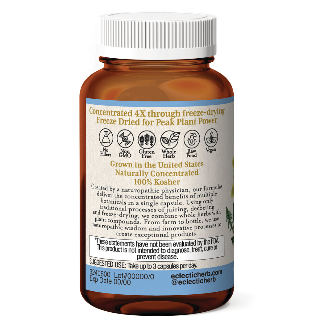 EC002 | Amber supplement bottle back label with freeze-dried claim, icons for Non GMO Gluten Free Vegan, suggested use and lot and exp info - Thumbnail