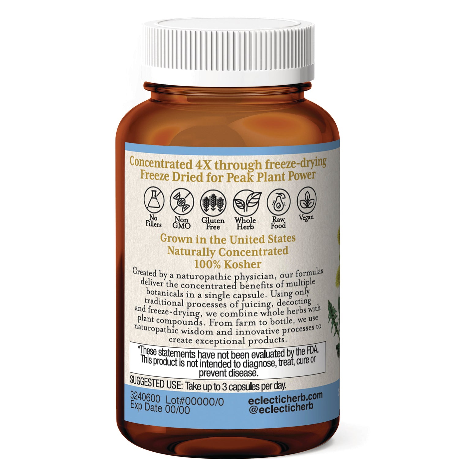 EC002 | Amber supplement bottle back label with freeze-dried claim, icons for Non GMO Gluten Free Vegan, suggested use and lot and exp info