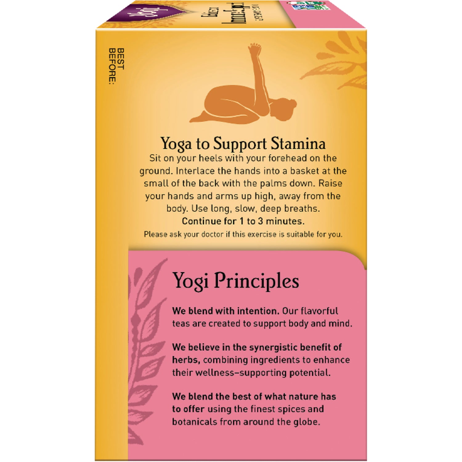 AHW021 | Product infographic panel with Yoga to Support Stamina instructions and Yogi Principles text