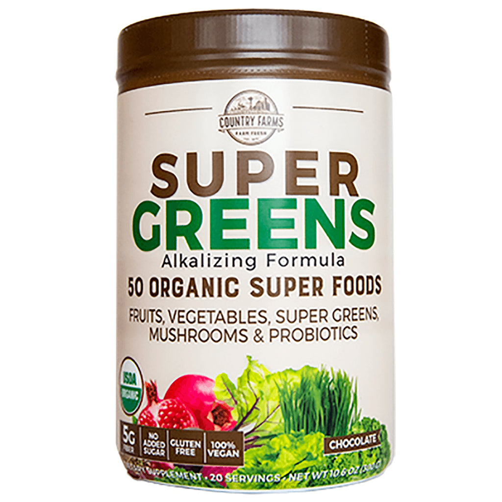 CFR016 | Tub of Super Greens alkalizing powder labeled 50 organic super foods, chocolate flavor - Thumbnail