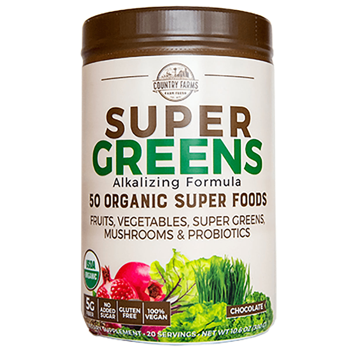 CFR016 | Tub of Super Greens alkalizing powder labeled 50 organic super foods, chocolate flavor