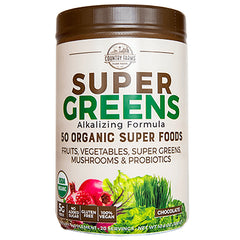 CFR016 | Tub of Super Greens alkalizing powder labeled 50 organic super foods, chocolate flavor