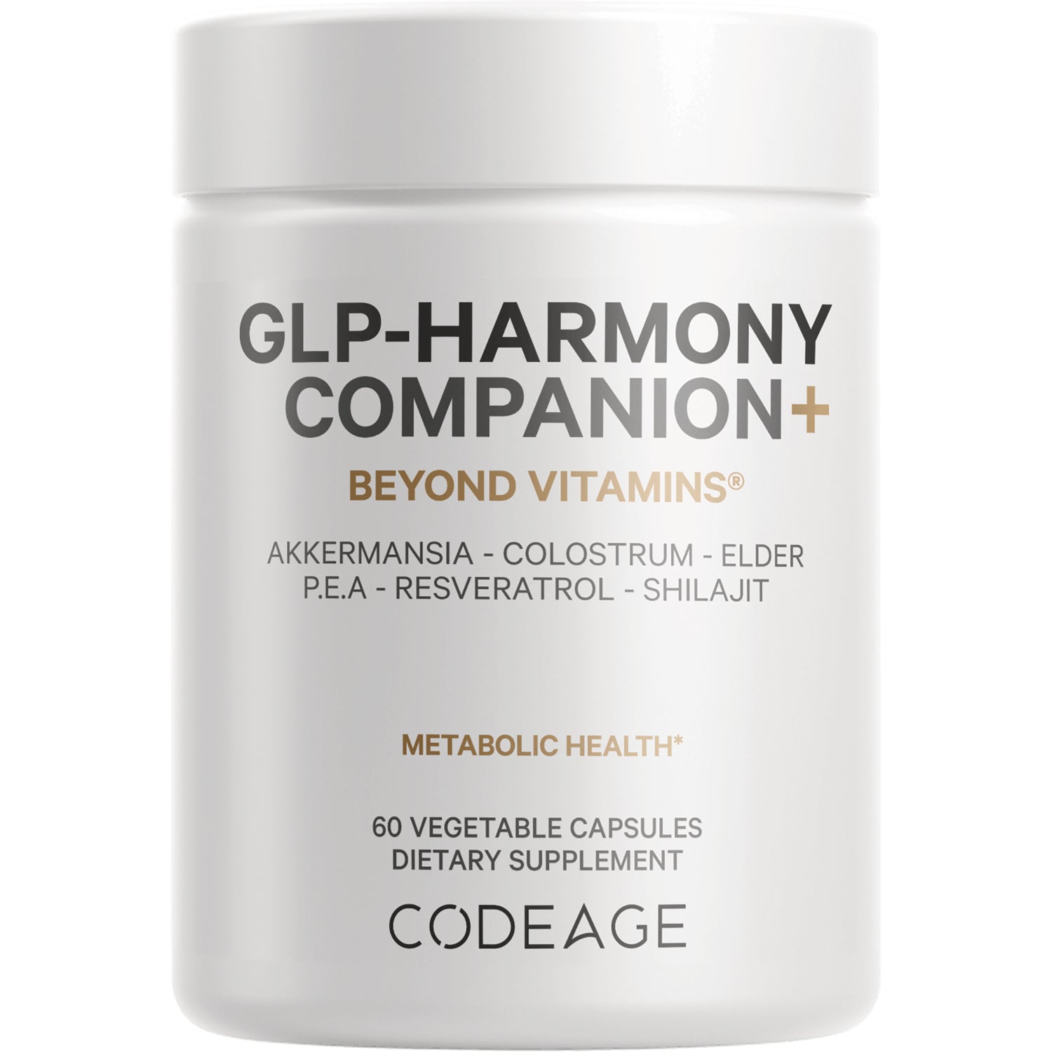 CDG003 | White supplement jar front labeled GLP-HARMONY COMPANION+ Beyond Vitamins metabolic health 60 vegetable capsules Codeage
