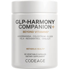 CDG003 | White supplement jar front labeled GLP-HARMONY COMPANION+ Beyond Vitamins metabolic health 60 vegetable capsules Codeage