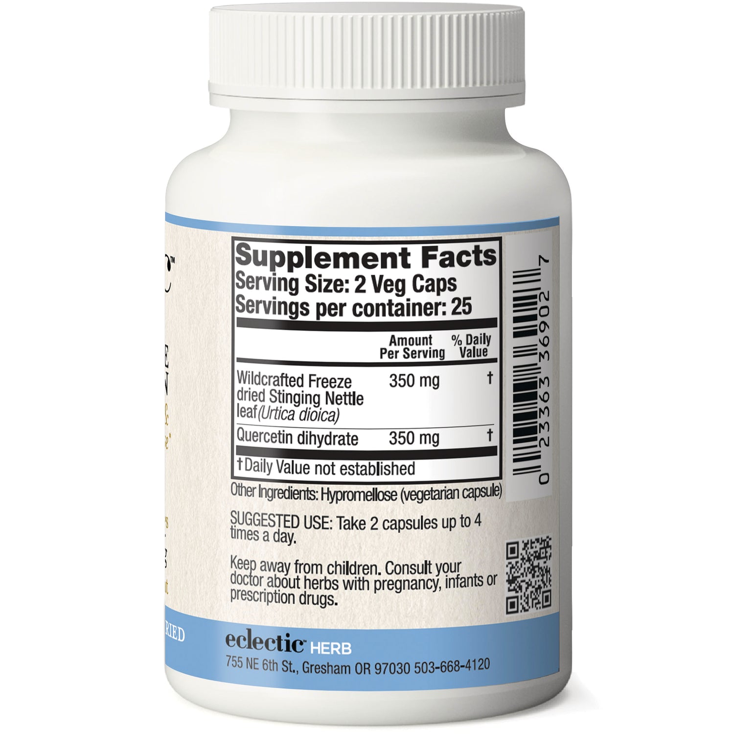 EC036 | back label showing Supplement Facts with serving size 2 Veg Caps, ingredients, suggested use and barcode
