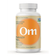 MMX024 | White bottle labeled Om Turkey Tail mushroom superfood daily boost capsules front view