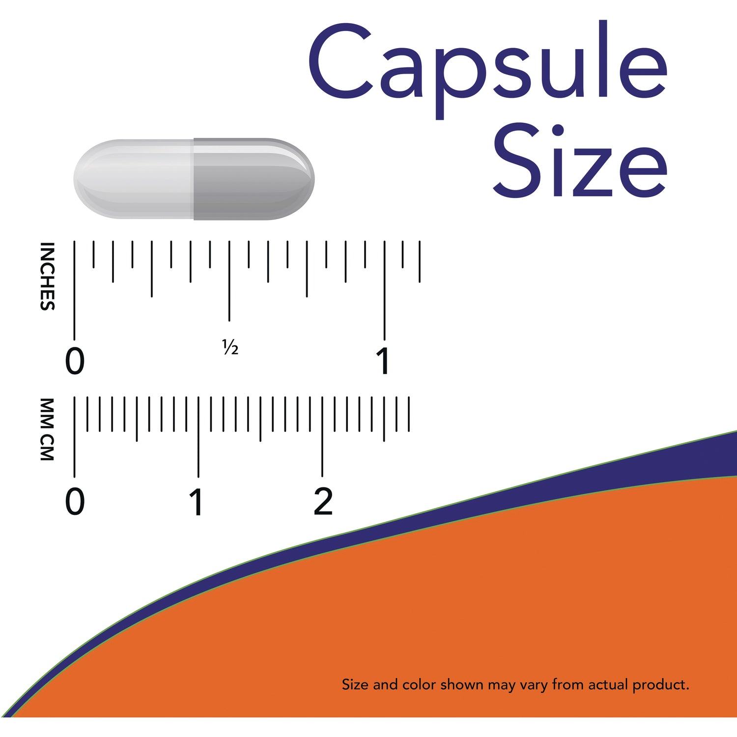 NWF1313 | Capsule size diagram showing a gray capsule above inch and mm rulers