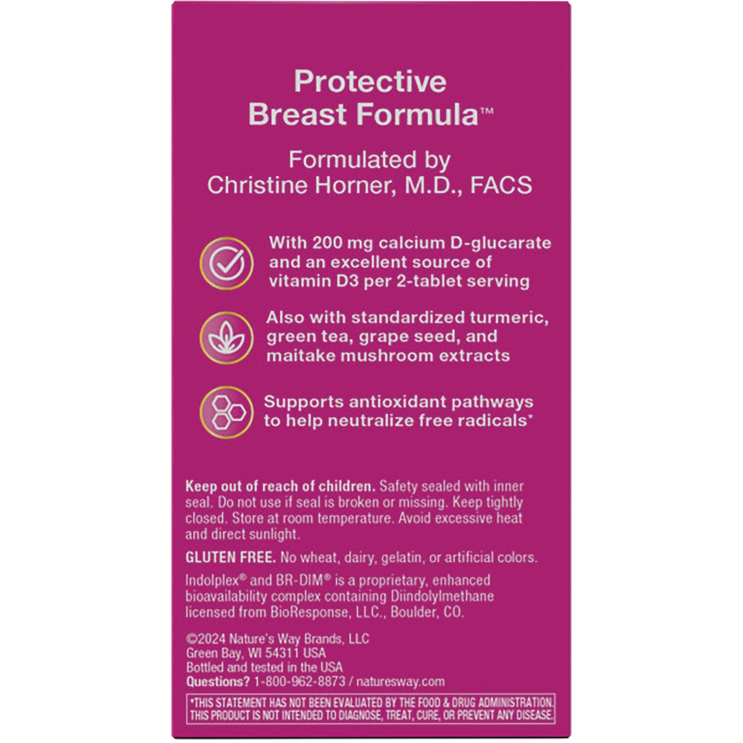ET455 | back panel of magenta supplement box labeled Protective Breast Formula with ingredient highlights, warnings, and icons