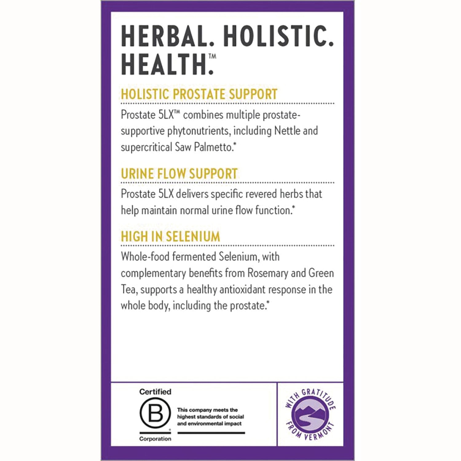 NWC273 | product infographic listing holistic prostate support, urine flow support, and high selenium benefits