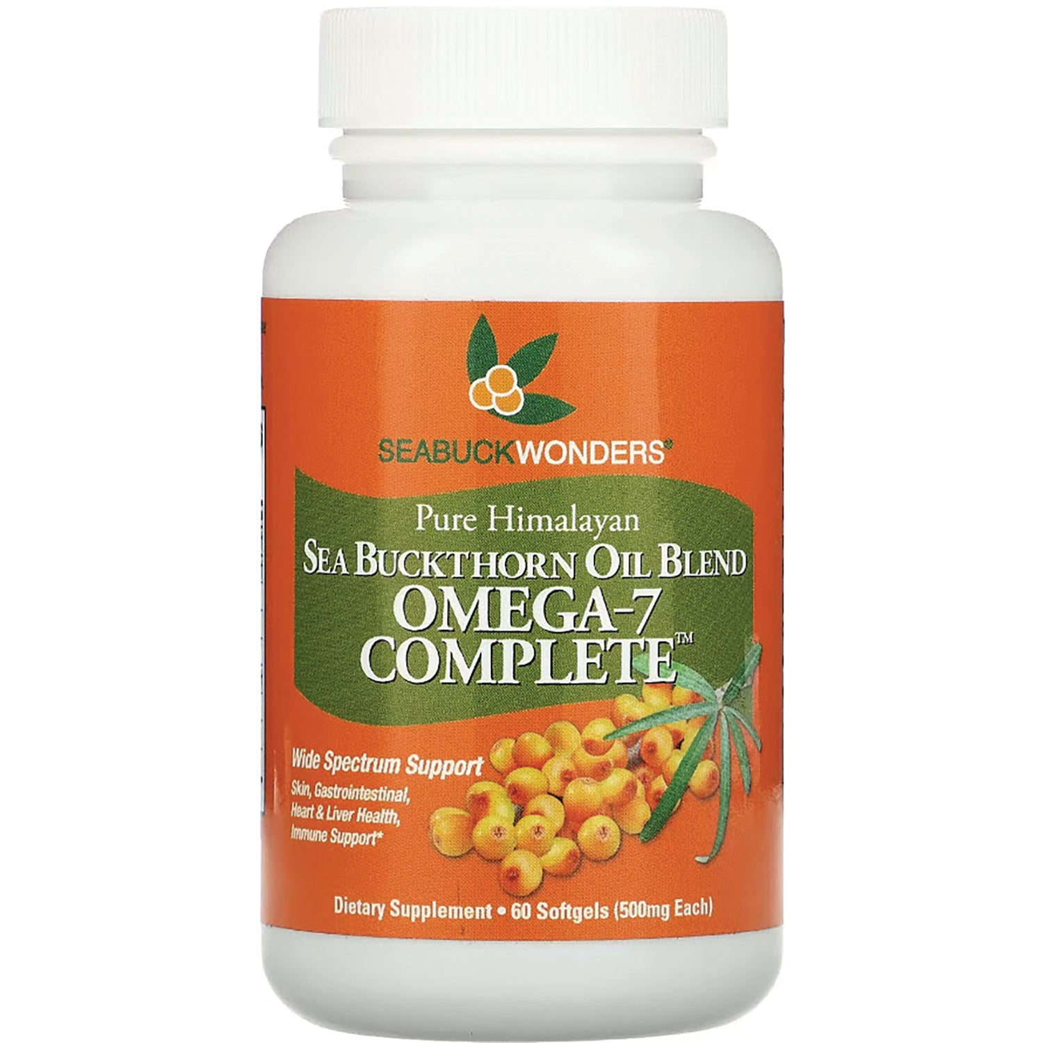 SBW001 | SeaBuckWonders Omega-7 Complete sea buckthorn oil blend bottle with orange label, 60 softgels (500 mg)