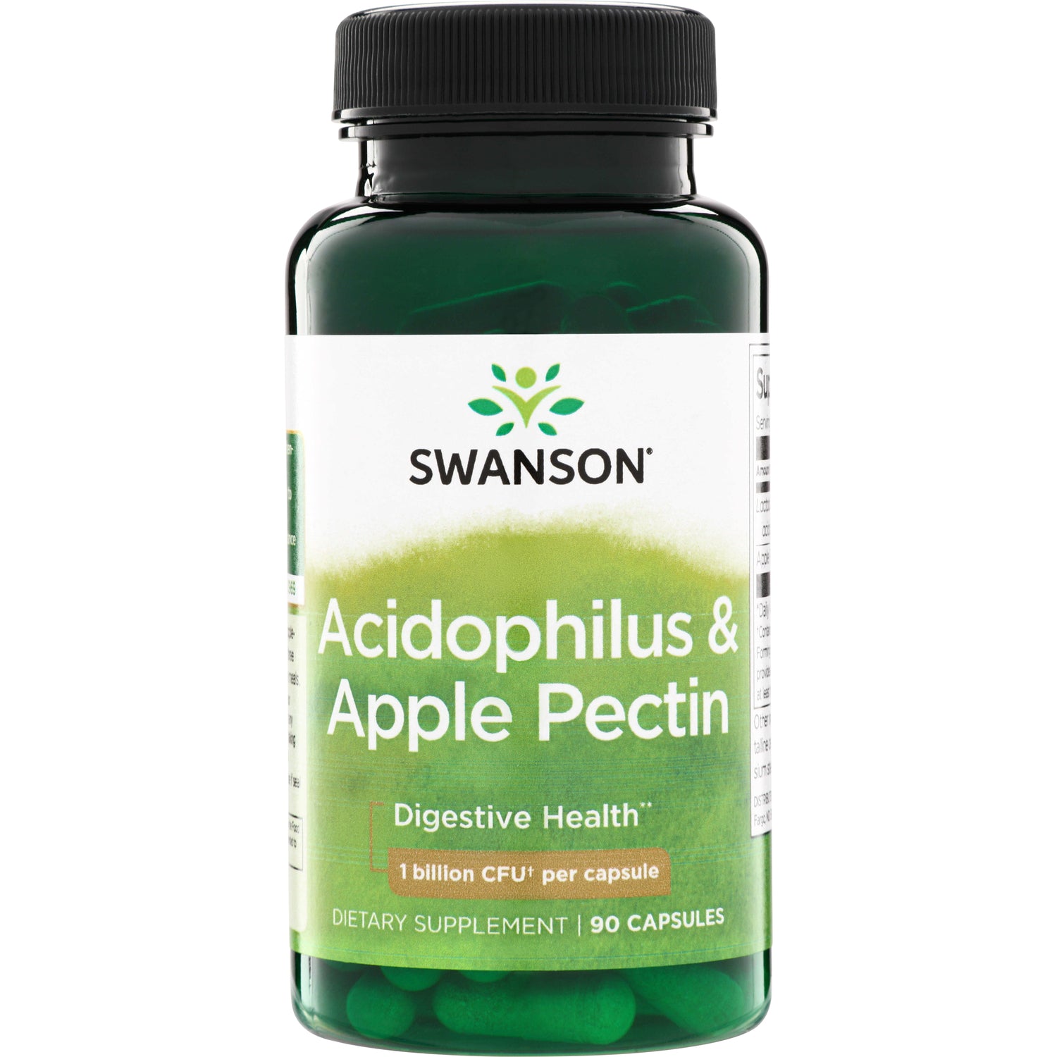 SW1380 | Swanson Acidophilus & Apple Pectin supplement bottle, Digestive Health, 1 billion CFU per capsule, 90 capsules