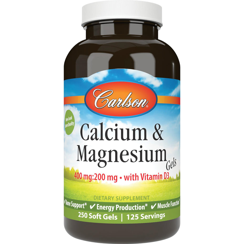CSN195 | Carlson Calcium & Magnesium softgels bottle labeled 400 mg:200 mg with Vitamin D3, 250 soft gels - Thumbnail