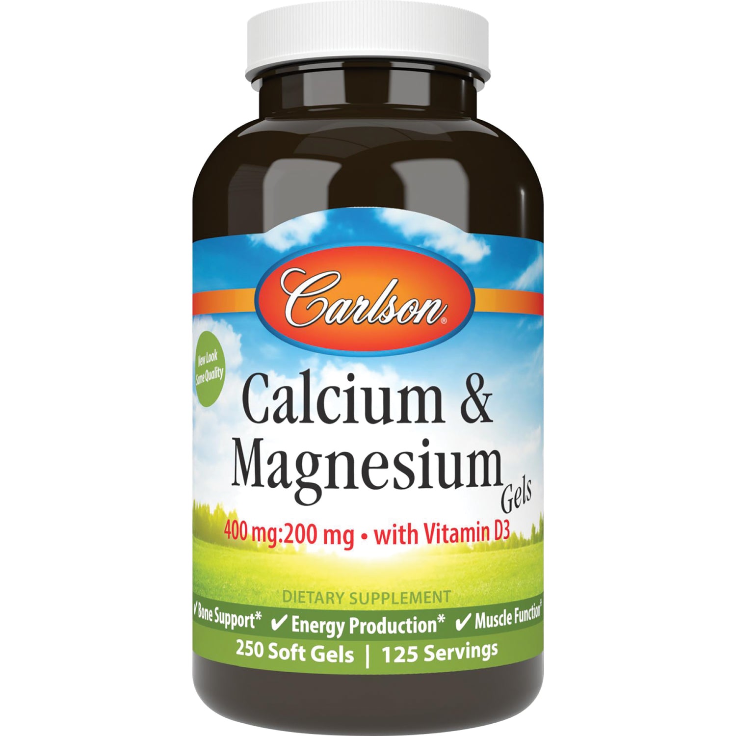 CSN195 | Carlson Calcium & Magnesium softgels bottle labeled 400 mg:200 mg with Vitamin D3, 250 soft gels