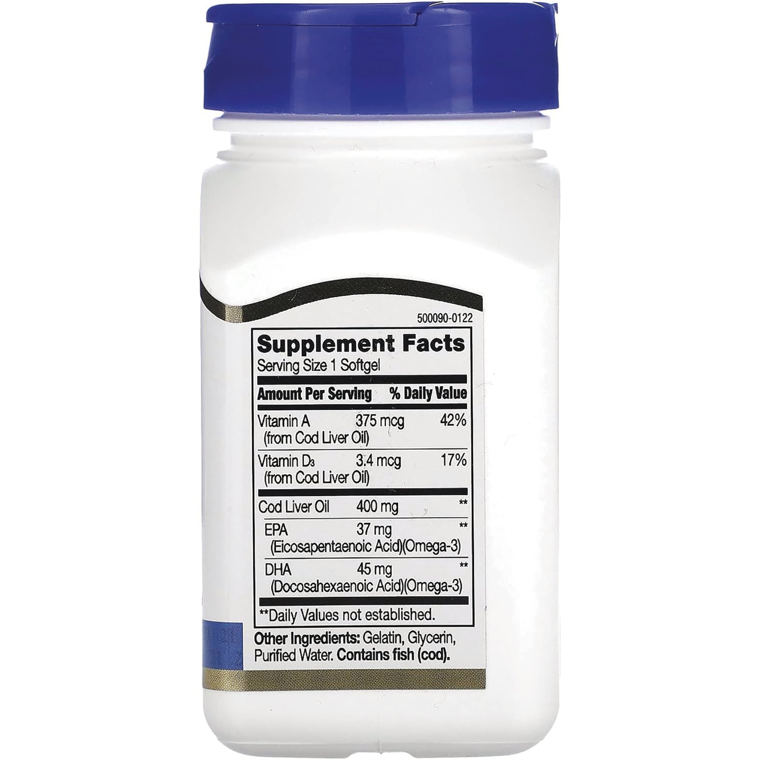 CNT111 | back label showing Supplement Facts for cod liver oil softgel, serving size 1 softgel, Cod Liver Oil 400 mg, contains fish (cod)