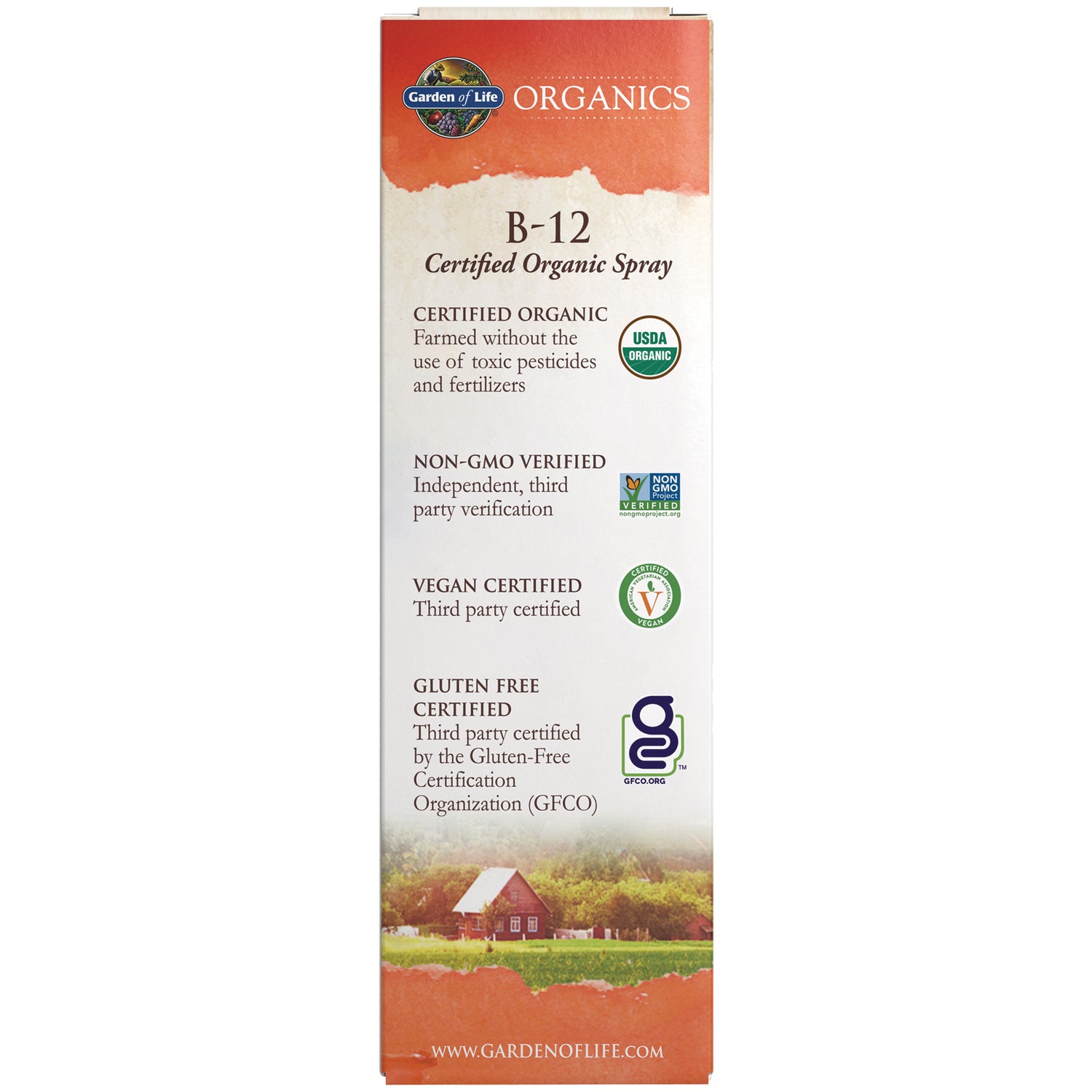 GLF186 | back panel listing B-12 Certified Organic Spray with USDA Organic, Non-GMO Verified, Vegan and Gluten Free certifications