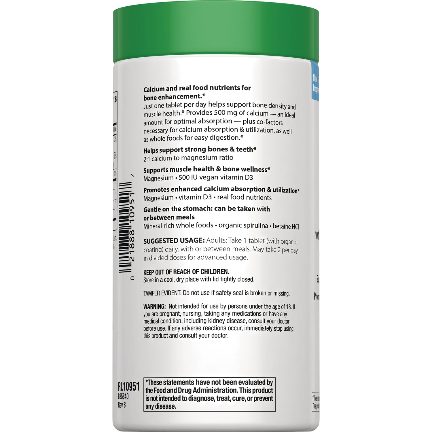 RBL166 | Back label of white supplement bottle showing suggested usage, warnings, barcode and regulatory disclaimer
