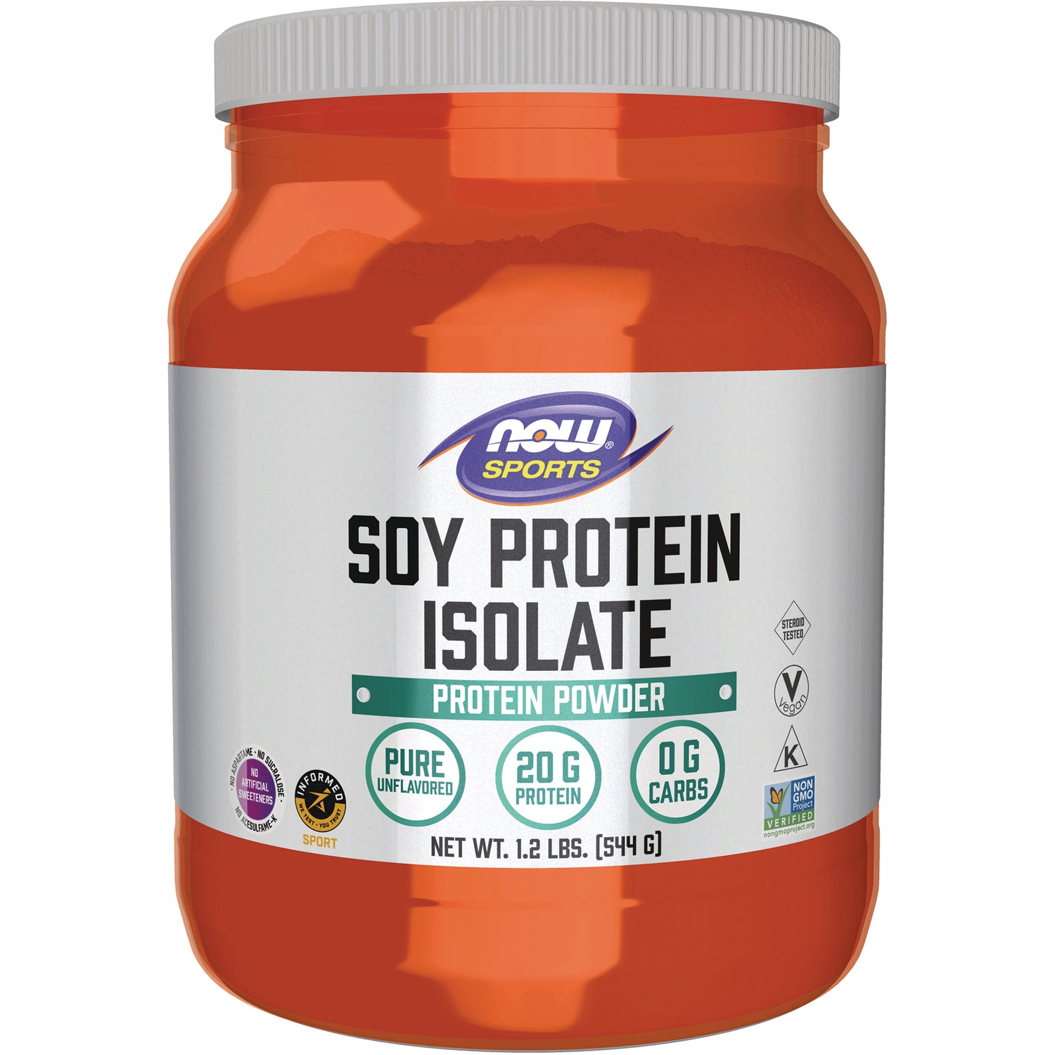 NWF909 | NOW Sports soy protein isolate powder jar, unflavored, 20 g protein, 0 g carbs, net wt 1.2 lbs