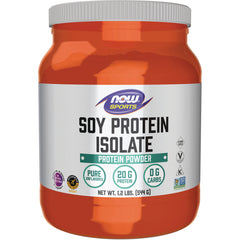 NWF909 | NOW Sports soy protein isolate powder jar, unflavored, 20 g protein, 0 g carbs, net wt 1.2 lbs