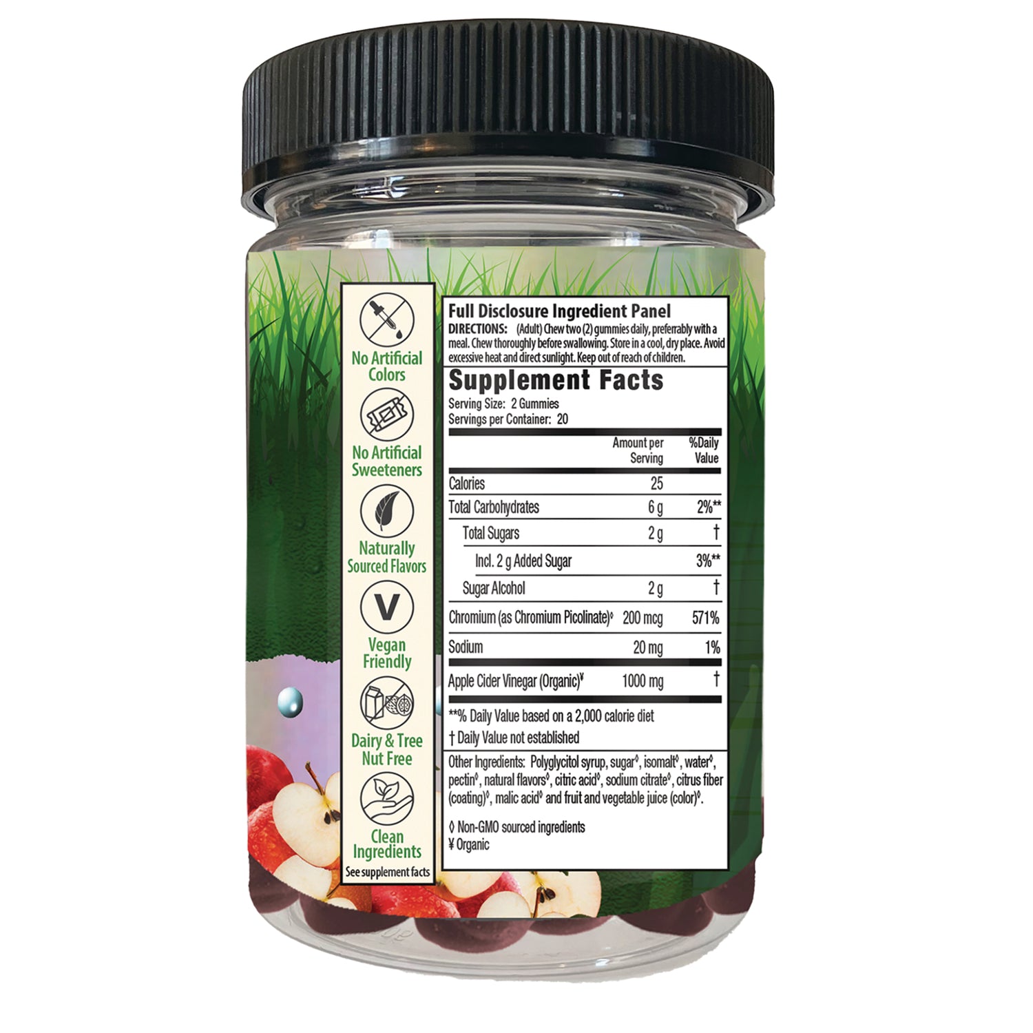 IR305 | Back label showing Supplement Facts panel, ingredient list, and green icons for vegan, no artificial colors, dairy and tree nut free
