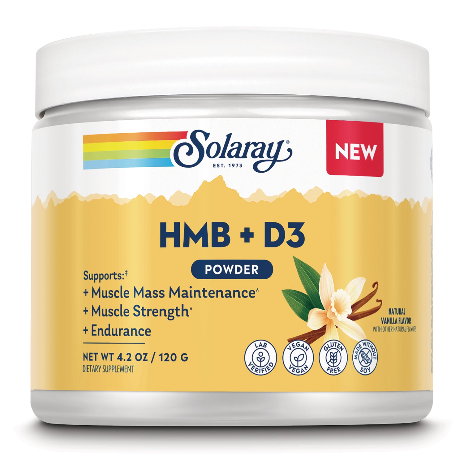 SLR540 | Solaray HMB + D3 powder jar front label showing natural vanilla flavor, 4.2 oz (120 g)