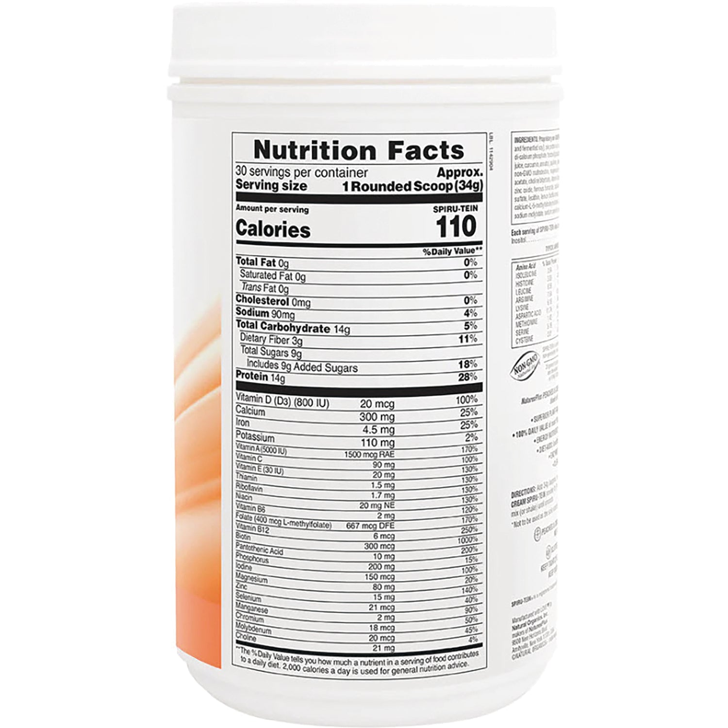 NTP087 | Nutrition facts panel on back of white supplement container showing serving size, calories, and nutrient amounts