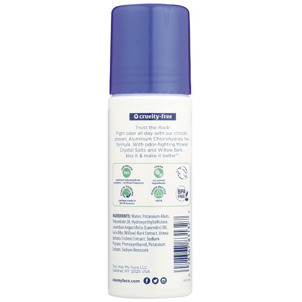 KMF002 | Back label of white deodorant bottle with purple cap showing cruelty-free icon, ingredients list and barcode - Thumbnail