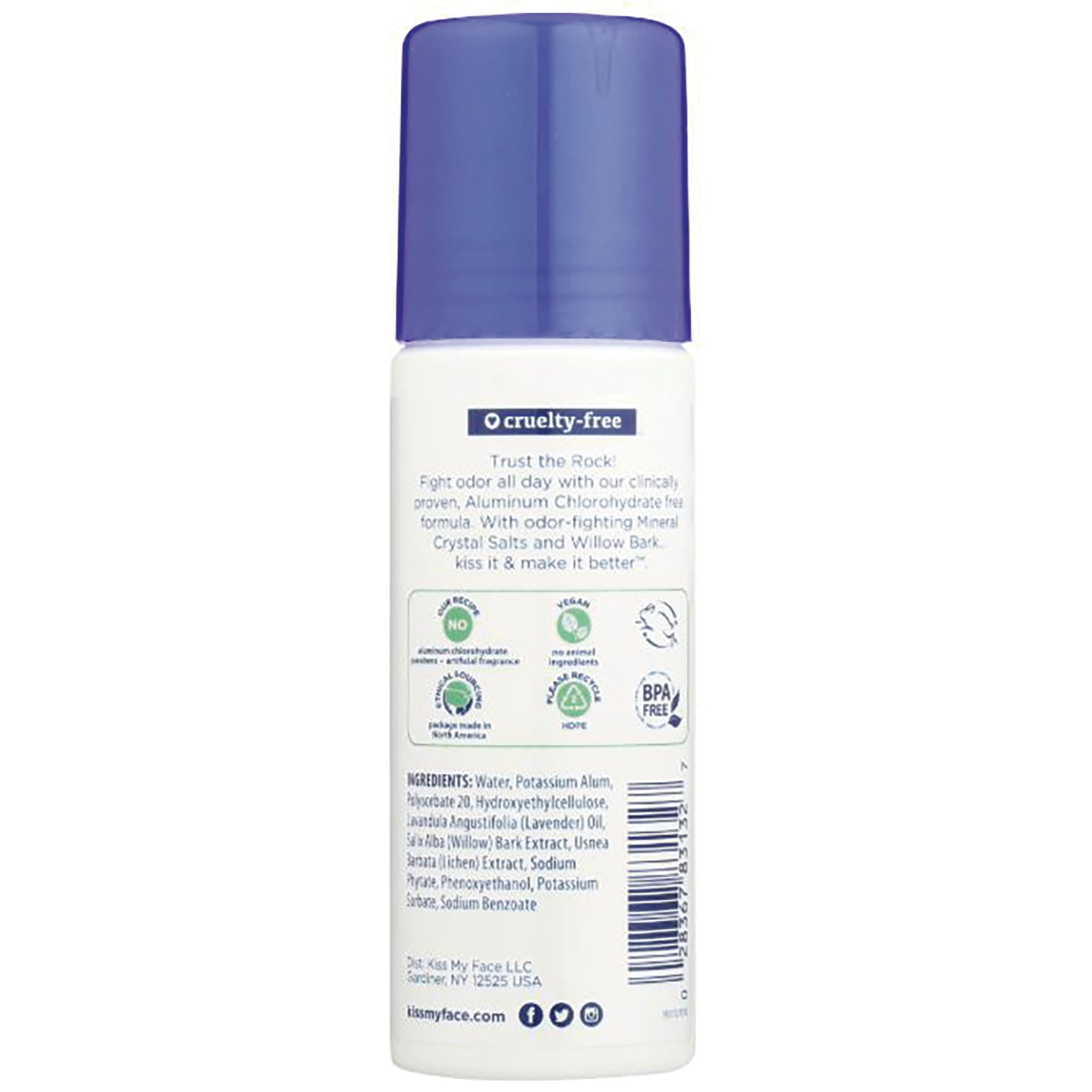 KMF002 | Back label of white deodorant bottle with purple cap showing cruelty-free icon, ingredients list and barcode
