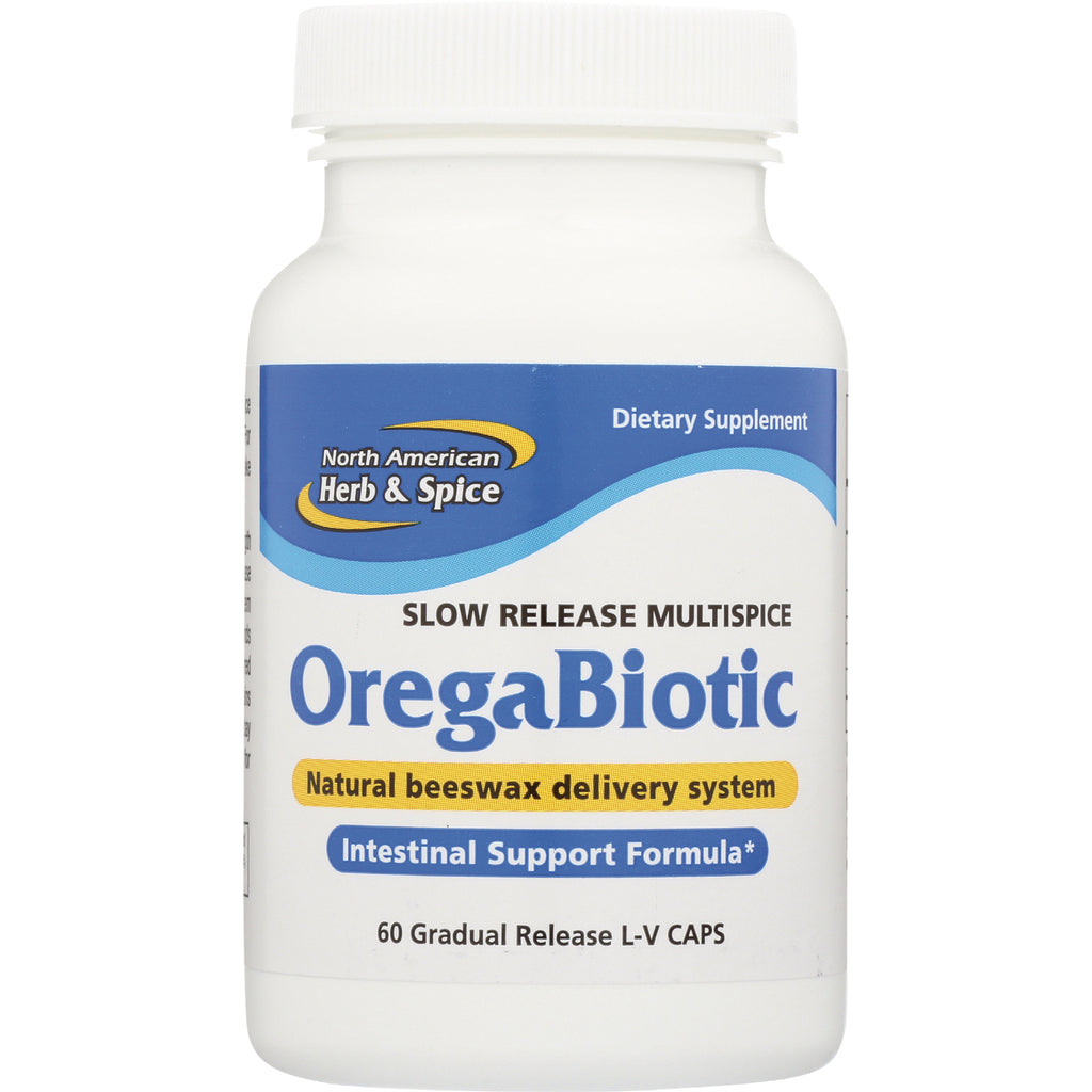 NHS009 | OregaBiotic slow release intestinal support supplement bottle with blue label, 60 gradual release capsules - Thumbnail