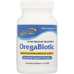 NHS009 | OregaBiotic slow release intestinal support supplement bottle with blue label, 60 gradual release capsules