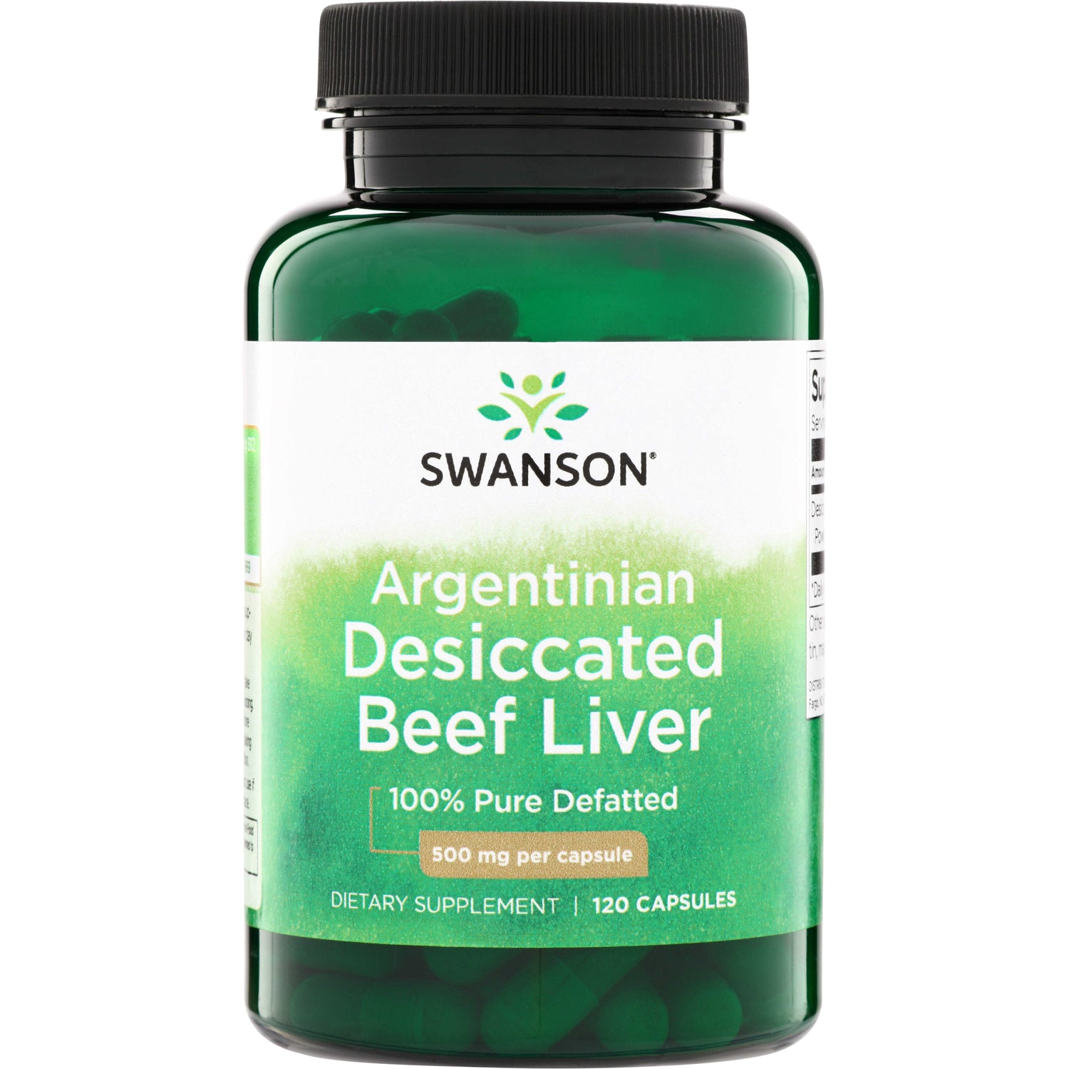 SW1198 | Swanson Argentinian Desiccated Beef Liver supplement, 100% Pure Defatted, 500 mg per capsule, 120 capsules