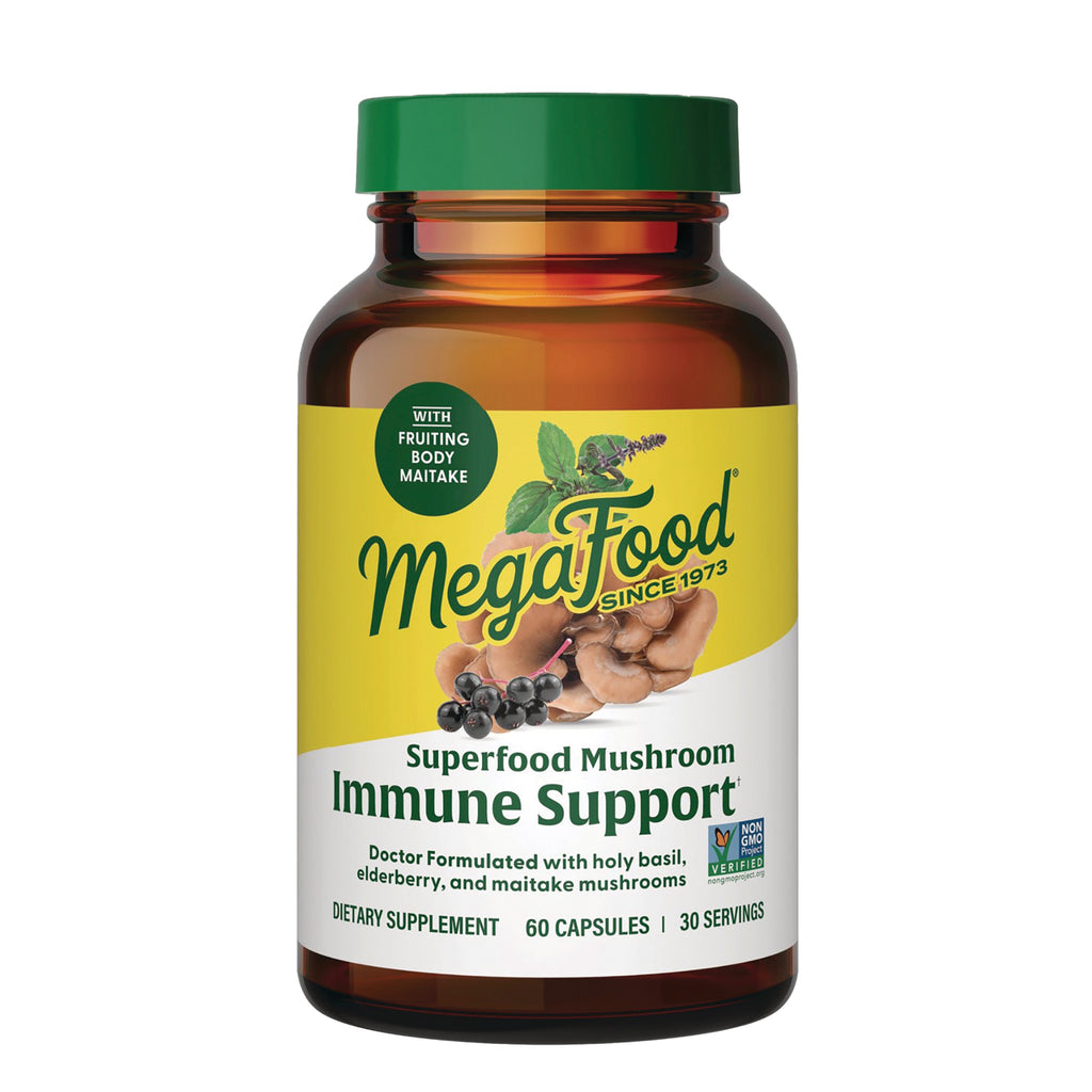 MGF140 | Amber supplement bottle with green cap labeled MegaFood Superfood Mushroom Immune Support 60 capsules - Thumbnail